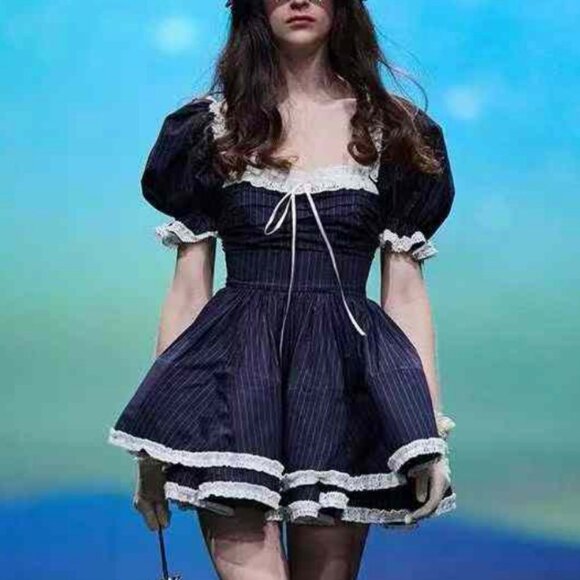 BEST Selkie The Pinstripe Bonny Mini Dress Black White Lace Holiday S/M/L